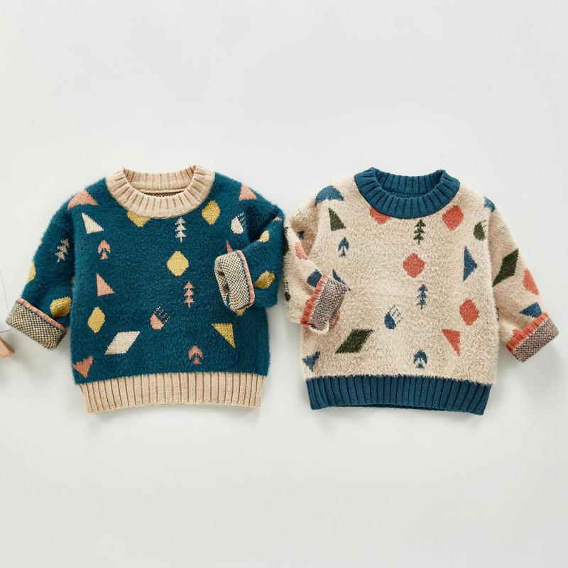 Teal and apricot geometric pattern knit sweaters