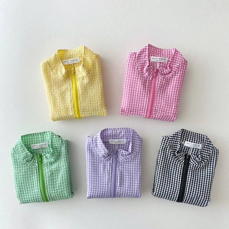 Gingham sun jackets in yellow, pink, green, purple and black