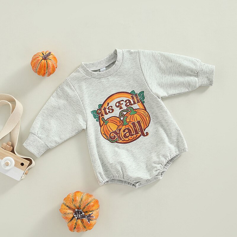 Gray pumpkin print romper laid flat