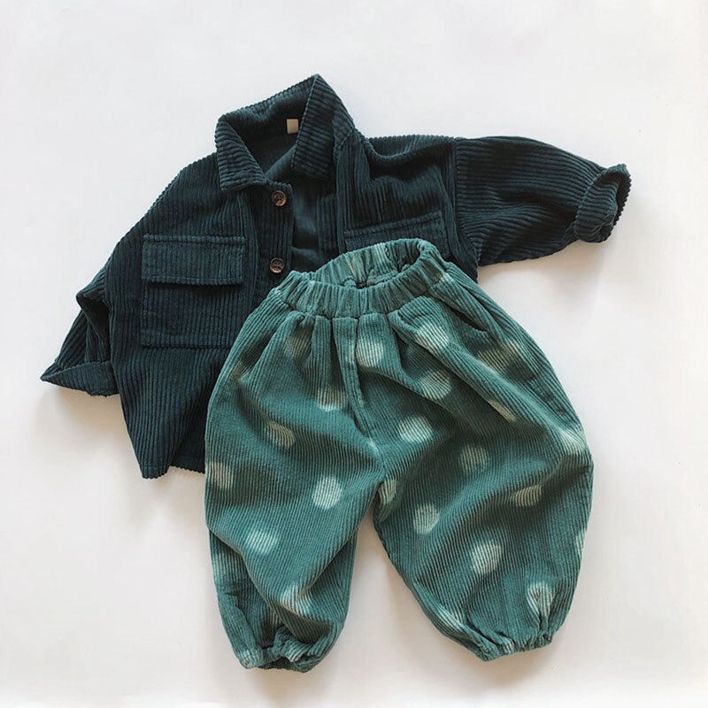 Green corduroy jacket with polka dot pants