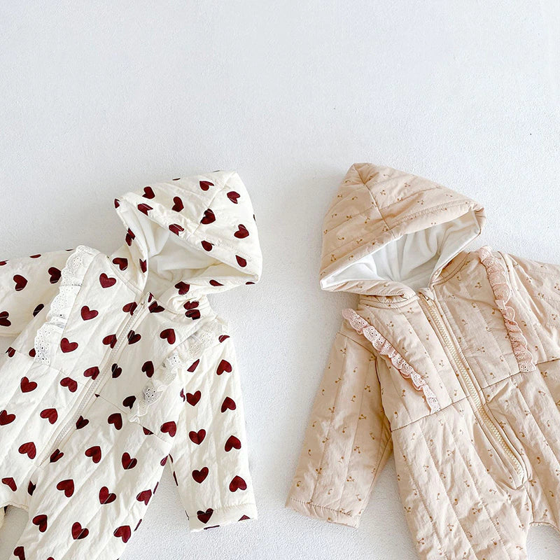 Heart and cherry hooded rompers side by side