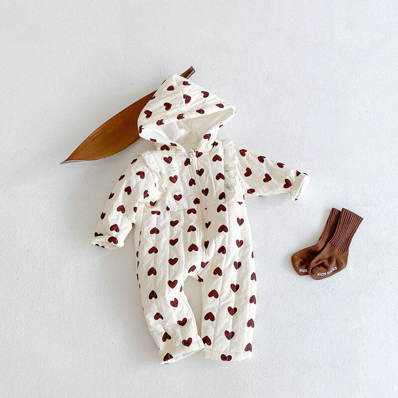Heart print hooded romper with socks