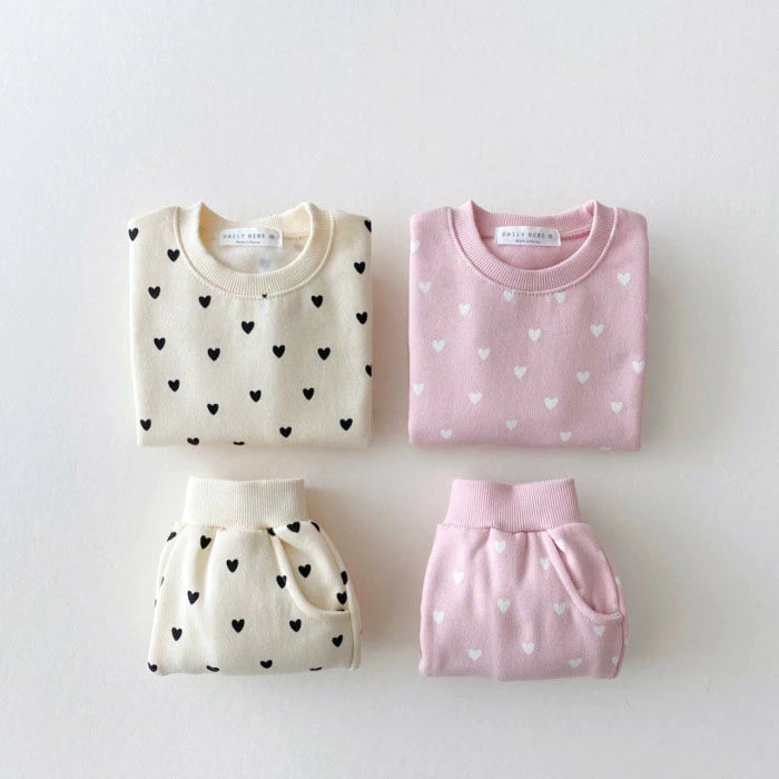 Beige and pink heart print sweatshirt and pants sets