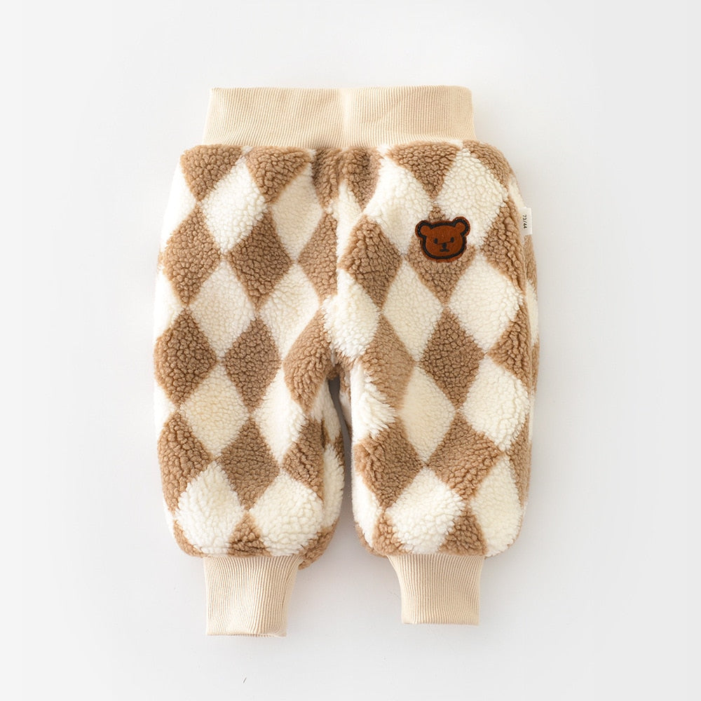 Khaki and cream argyle fluffy fleece pants
