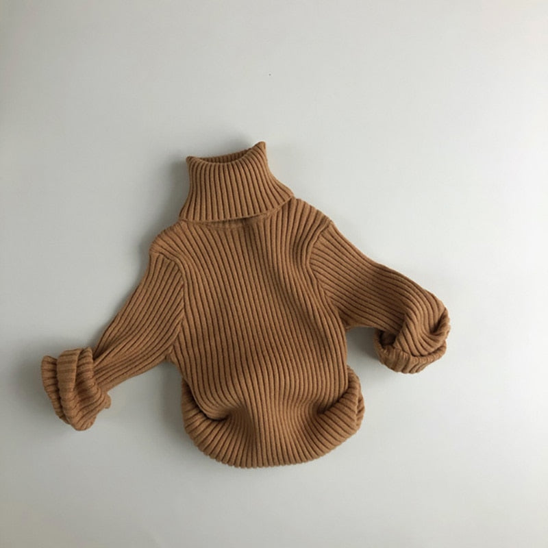 Coffee brown chunky knit turtleneck sweater for kids
