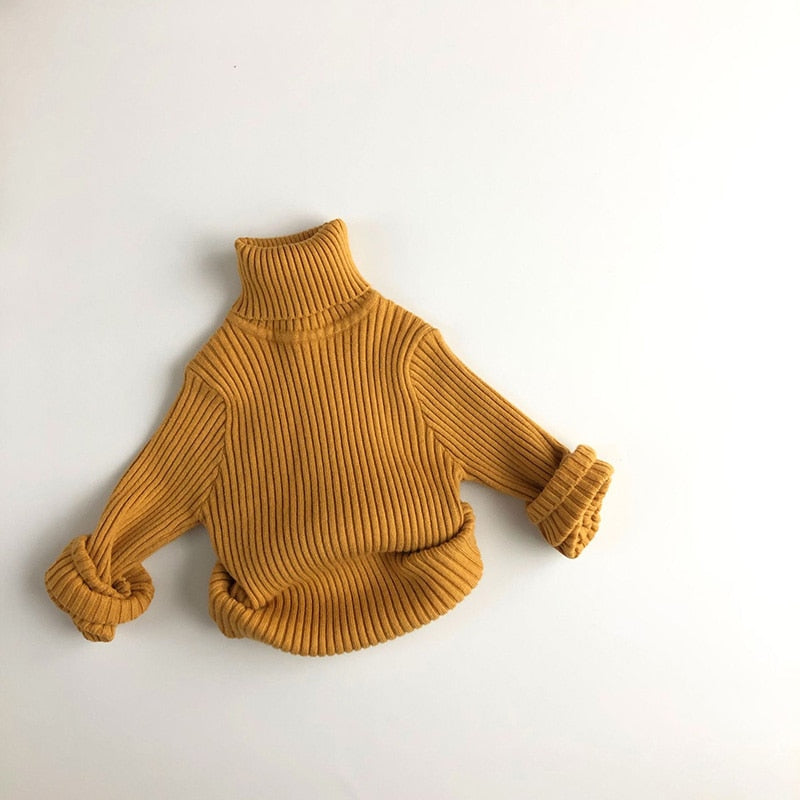 Mustard yellow chunky knit turtleneck sweater for kids