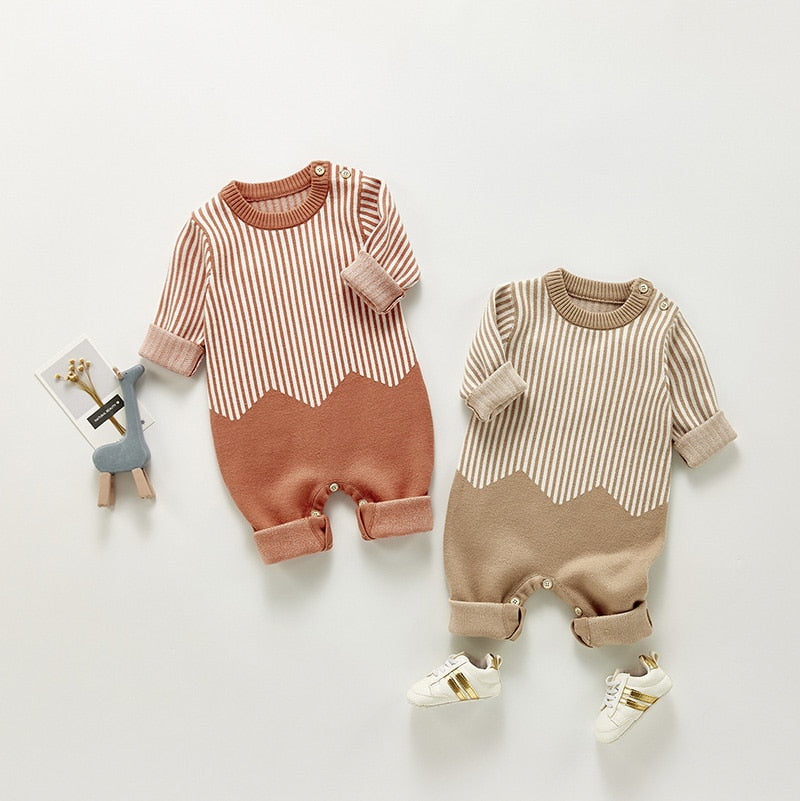 Pair of stripe chevron knit jumpsuits with shoes