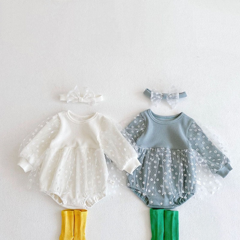 Beige and blue floral lace overlay baby rompers