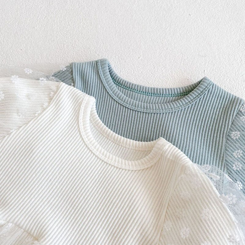 Close-up of ribbed necklines on lace rompers