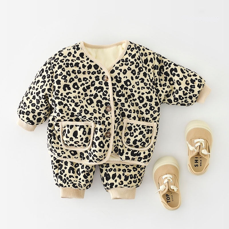 Leopard print quilted jacket and pants set