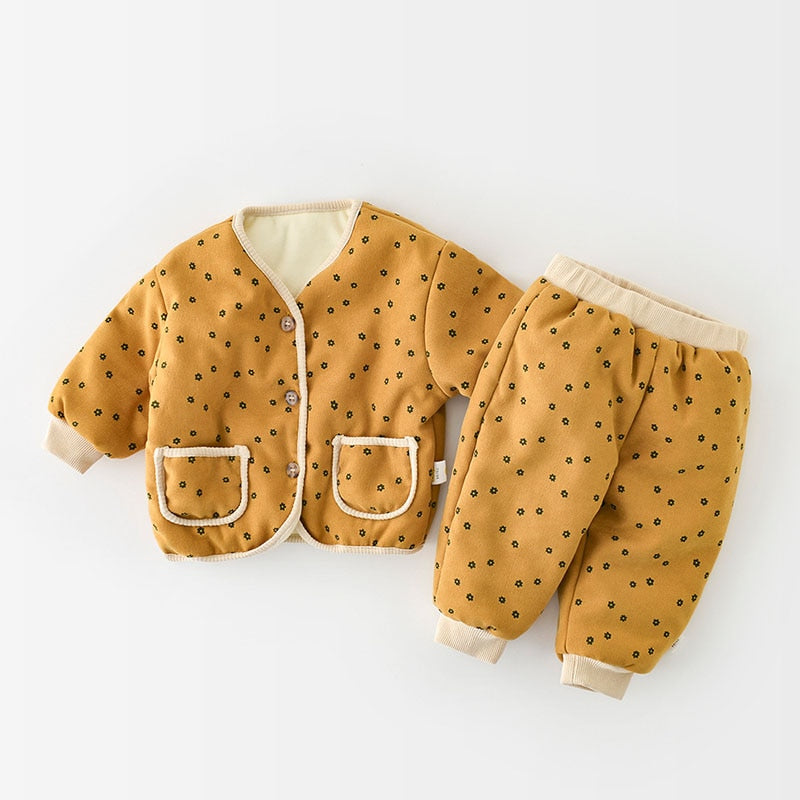Mustard heart print quilted jacket and pants