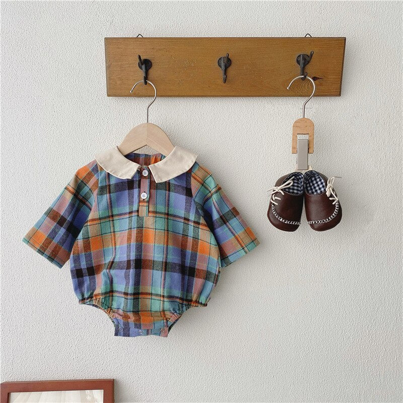 Orange plaid Peter Pan collar romper