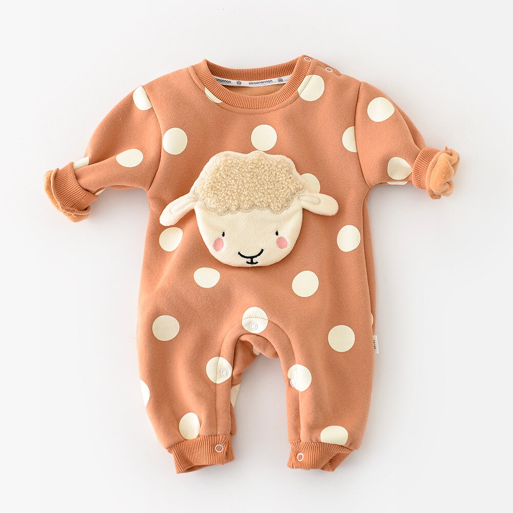 Orange sheep polka dot romper on white background