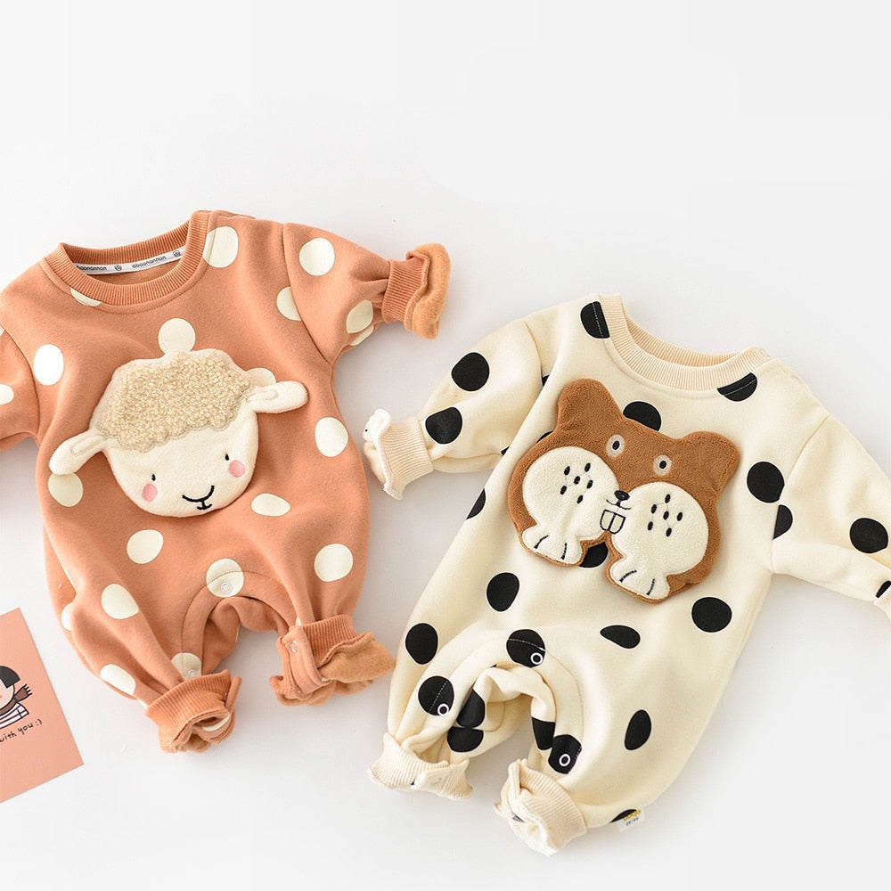 Orange sheep and beige bear polka dot rompers