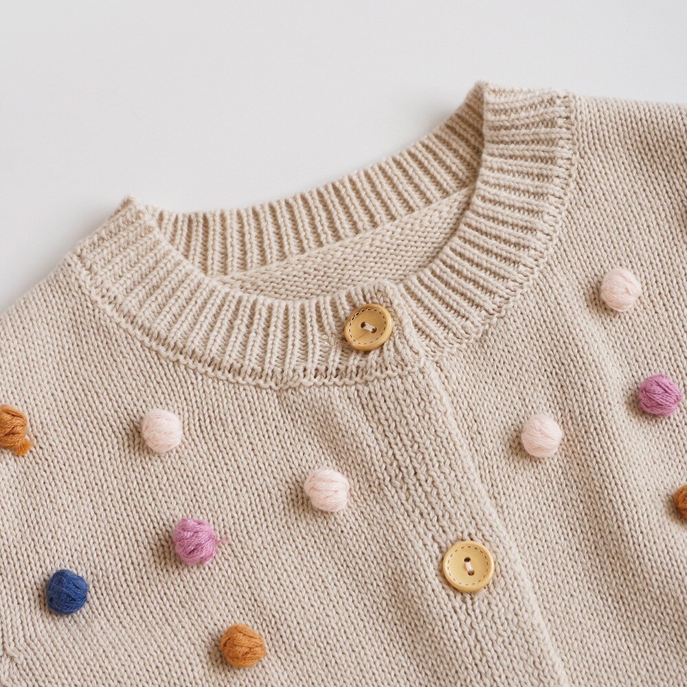 Close-up of pom-pom dots and buttons on cardigan