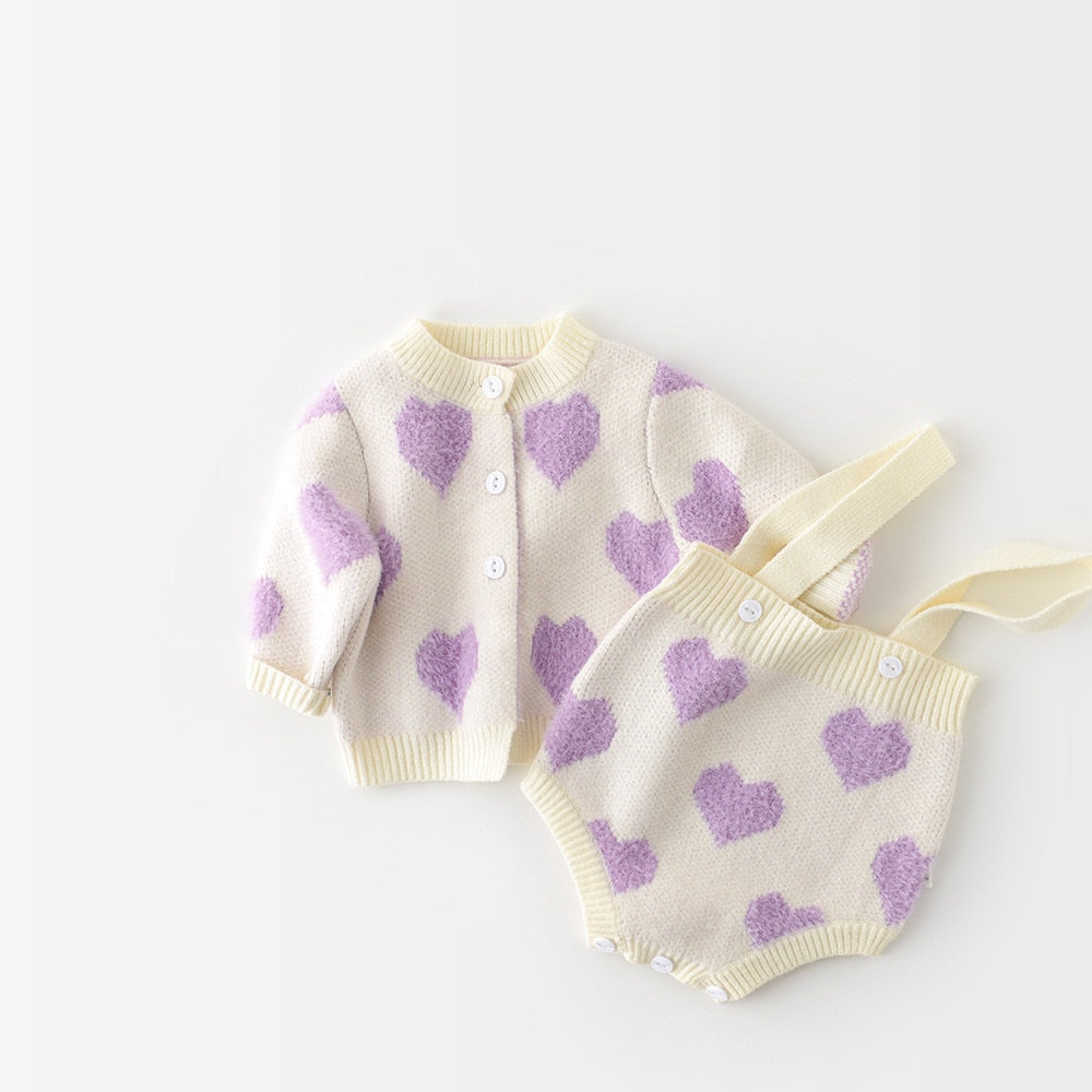 Purple heart knit cardigan and romper