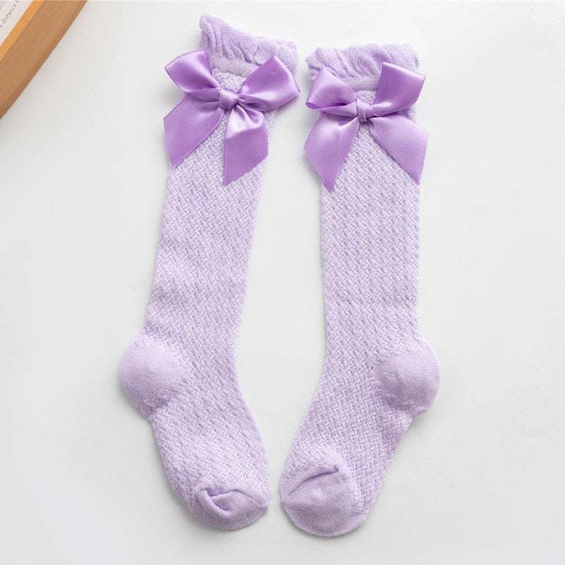 Lilac openwork knee socks with satin bows