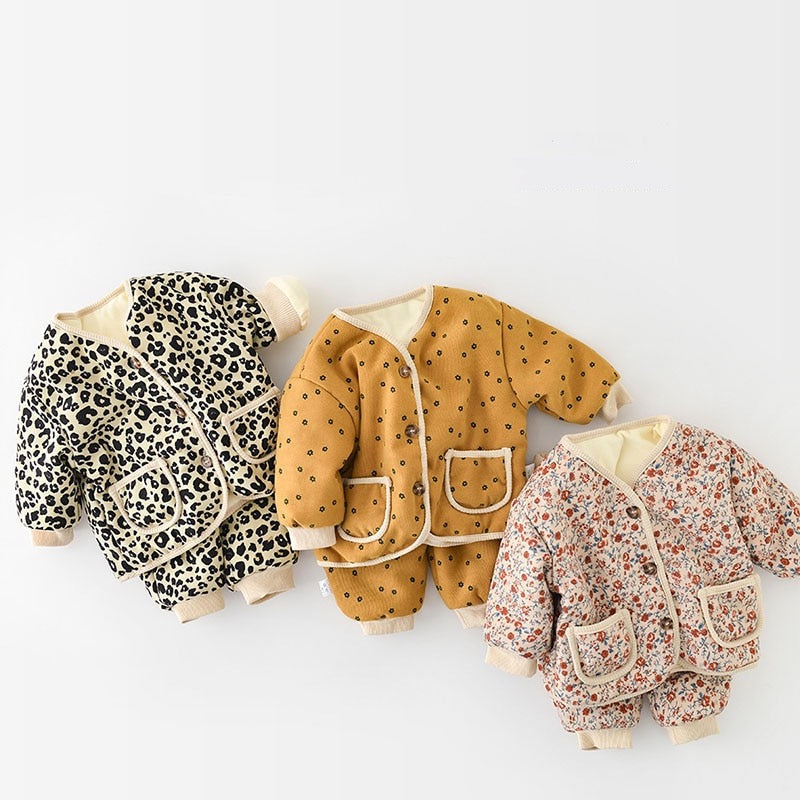 Leopard, mustard and floral quilted jacket and pants sets
