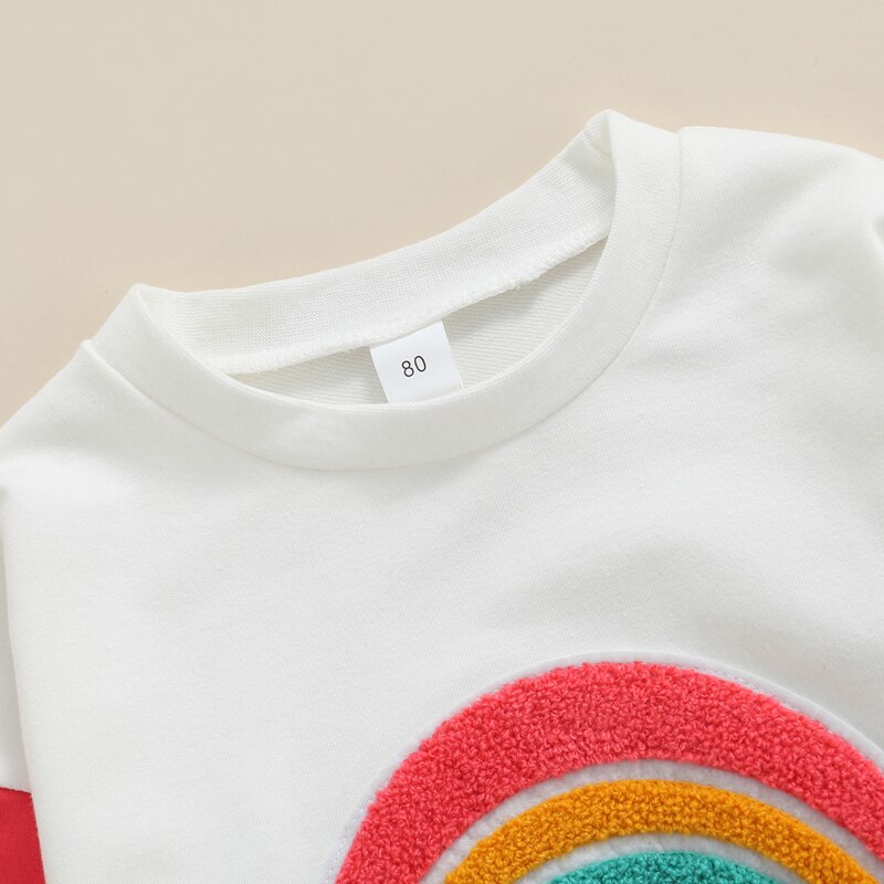Close-up of sweatshirt neckline and rainbow