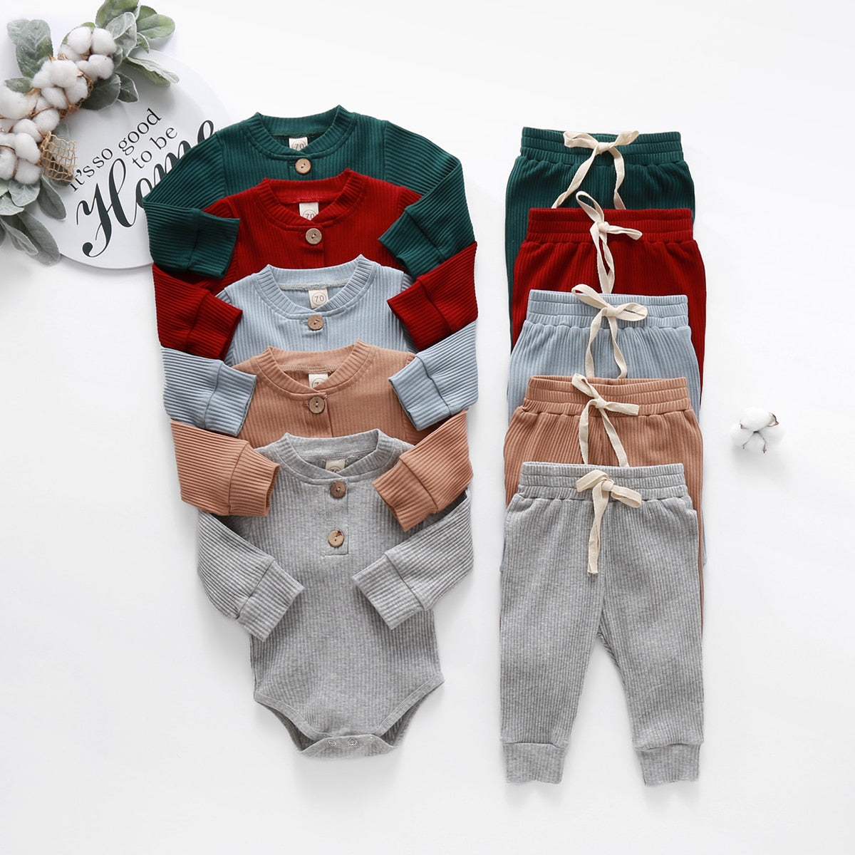 Ribbed bodysuit and pants sets in five colours