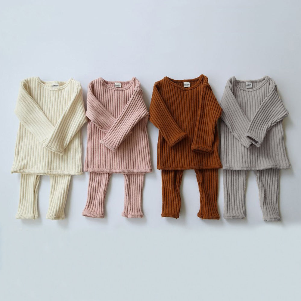 White, pink, brown and gray ribbed knit pajama sets
