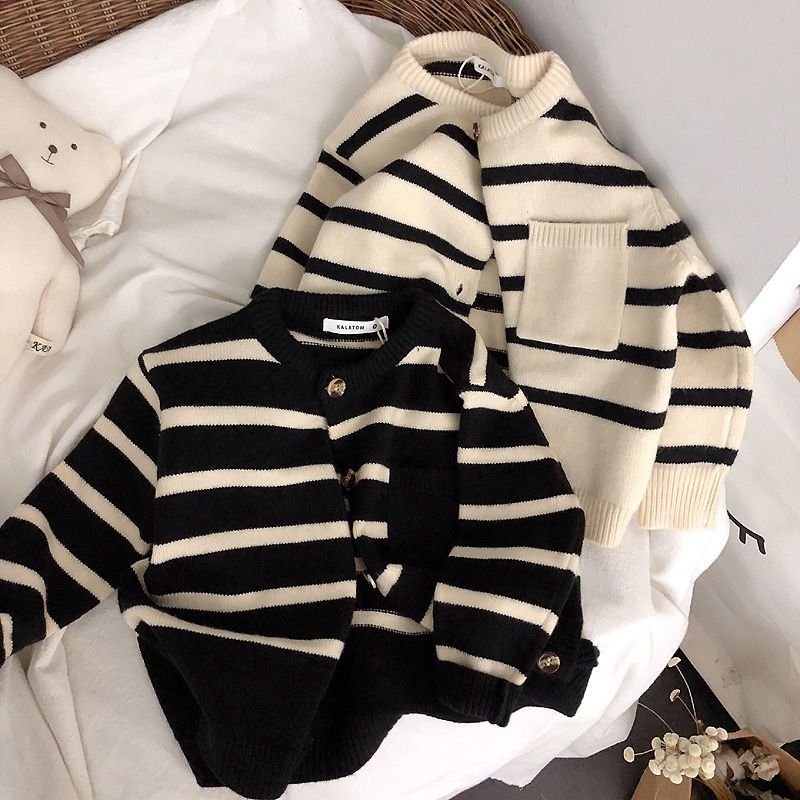 Beige and black striped knit kids cardigans