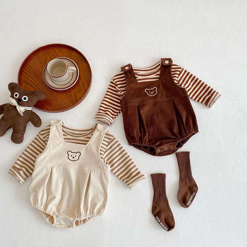 Striped tops with beige and coffee bear overalls