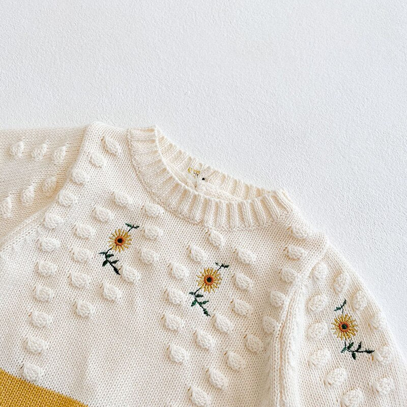 Close-up of sunflower embroidery and bobbles