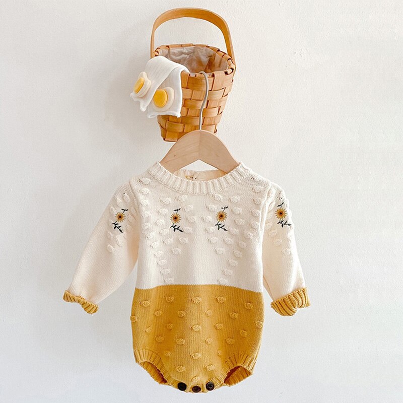 Sunflower embroidered knit bodysuit with basket