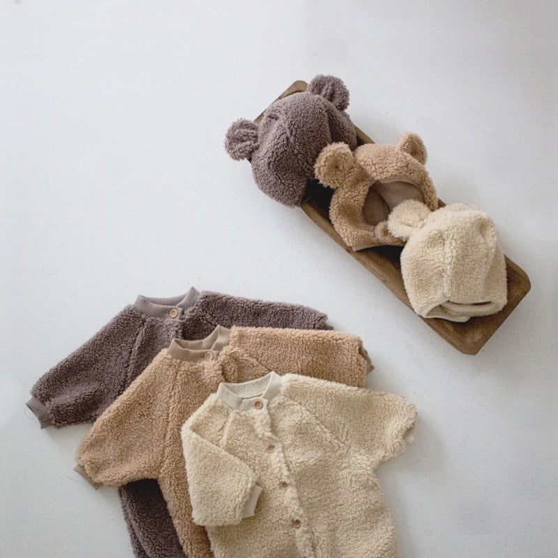 Teddy fleece rompers with bear ears hats