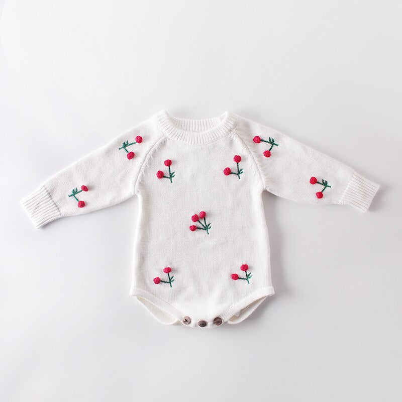 White cherry embroidered knit bodysuit