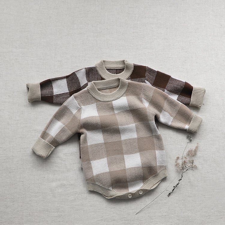 Oat and chocolate gingham knit baby rompers, flat lay
