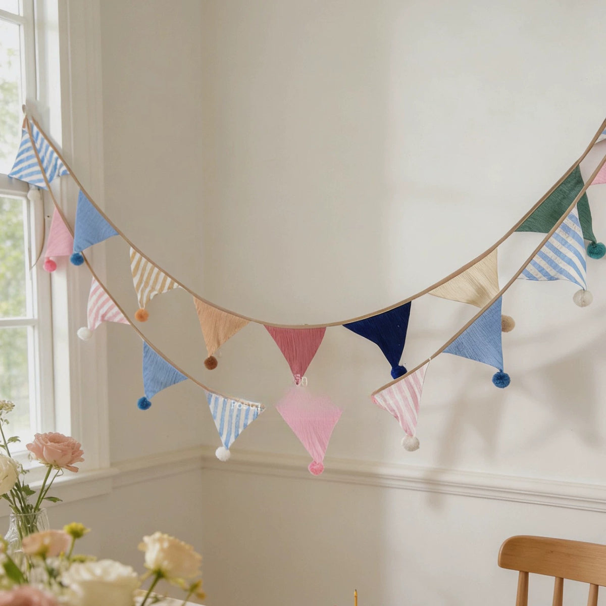 Pom-pom bunting swagged by a window with roses and a cake