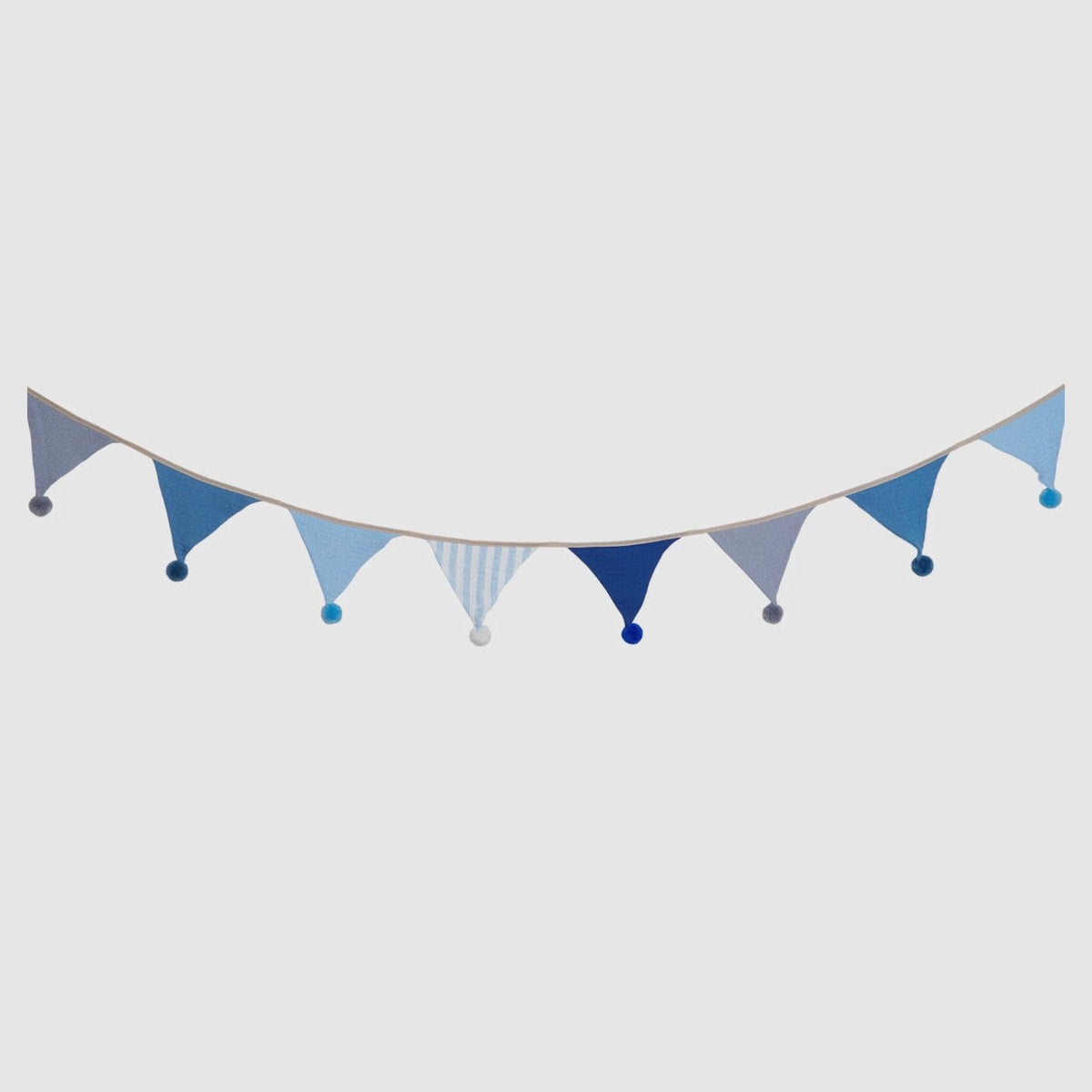 Denim Blue pom-pom bunting with 10 muslin flags
