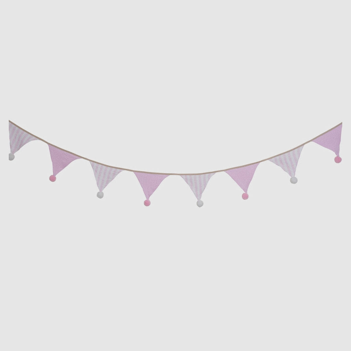Pink Stripe pom-pom bunting with 10 muslin flags