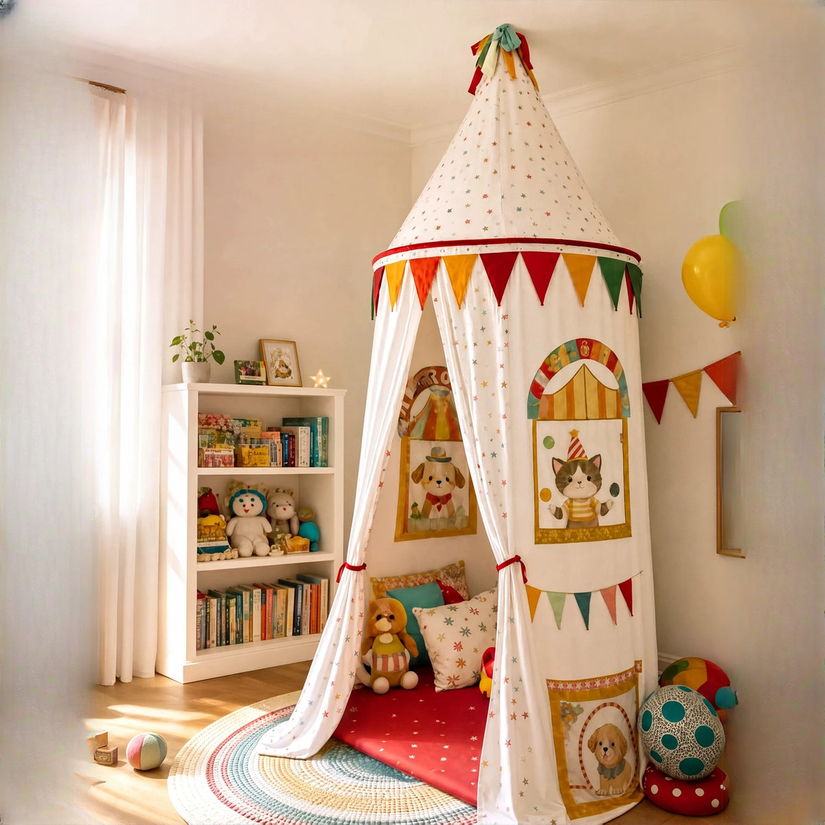 Star-print circus canopy with bunting trim over a cosy reading nook with cushions
