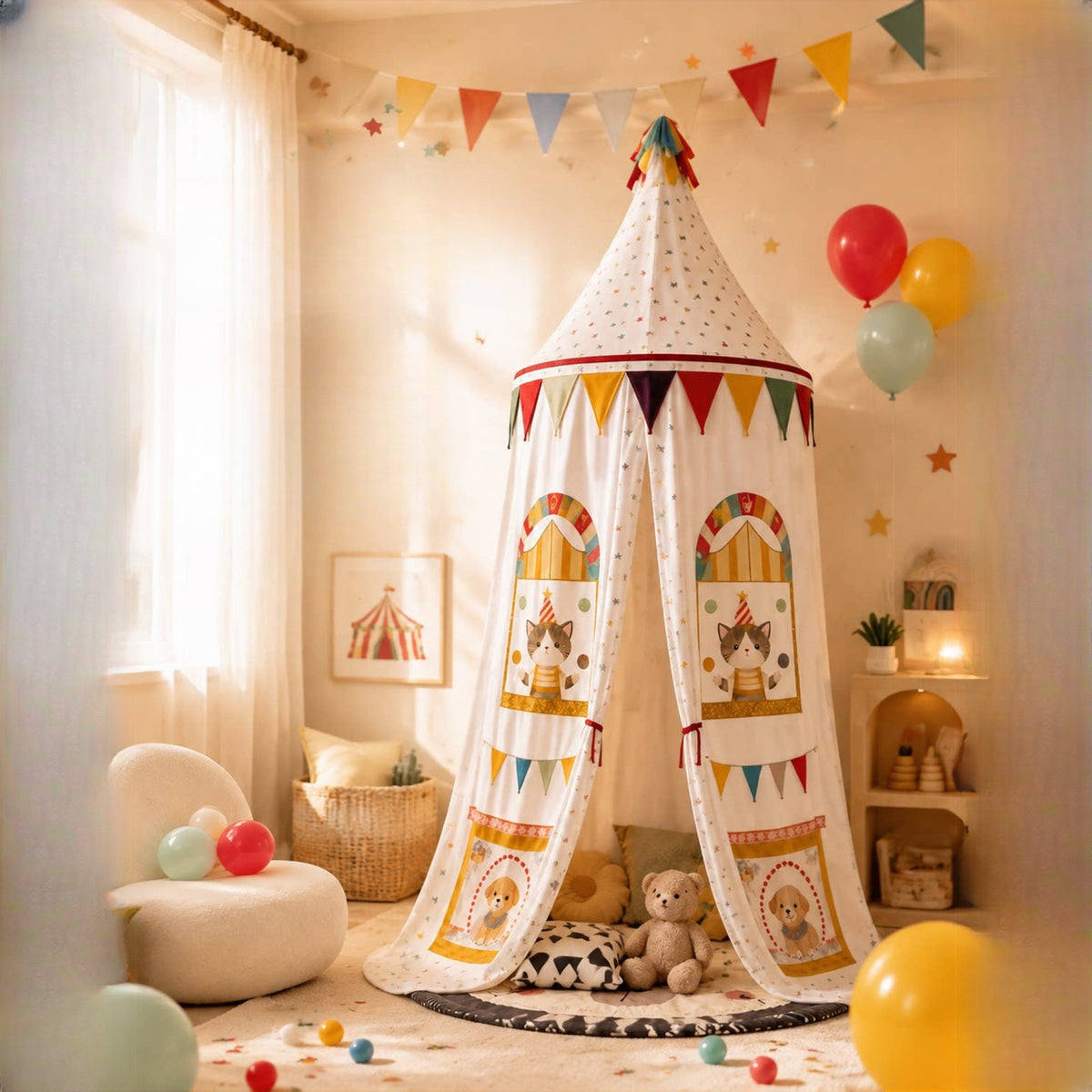 Circus Dream canopy in a play corner with balloons and bunting
