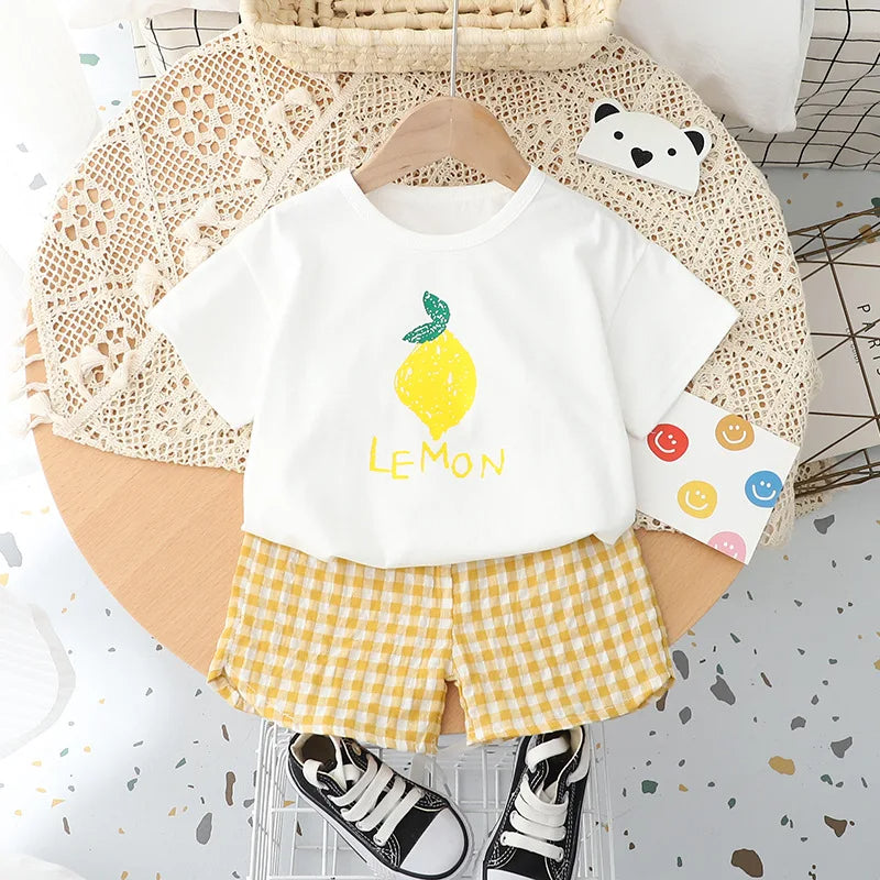 Cute Fruit Tees & Plaid Shorts Set