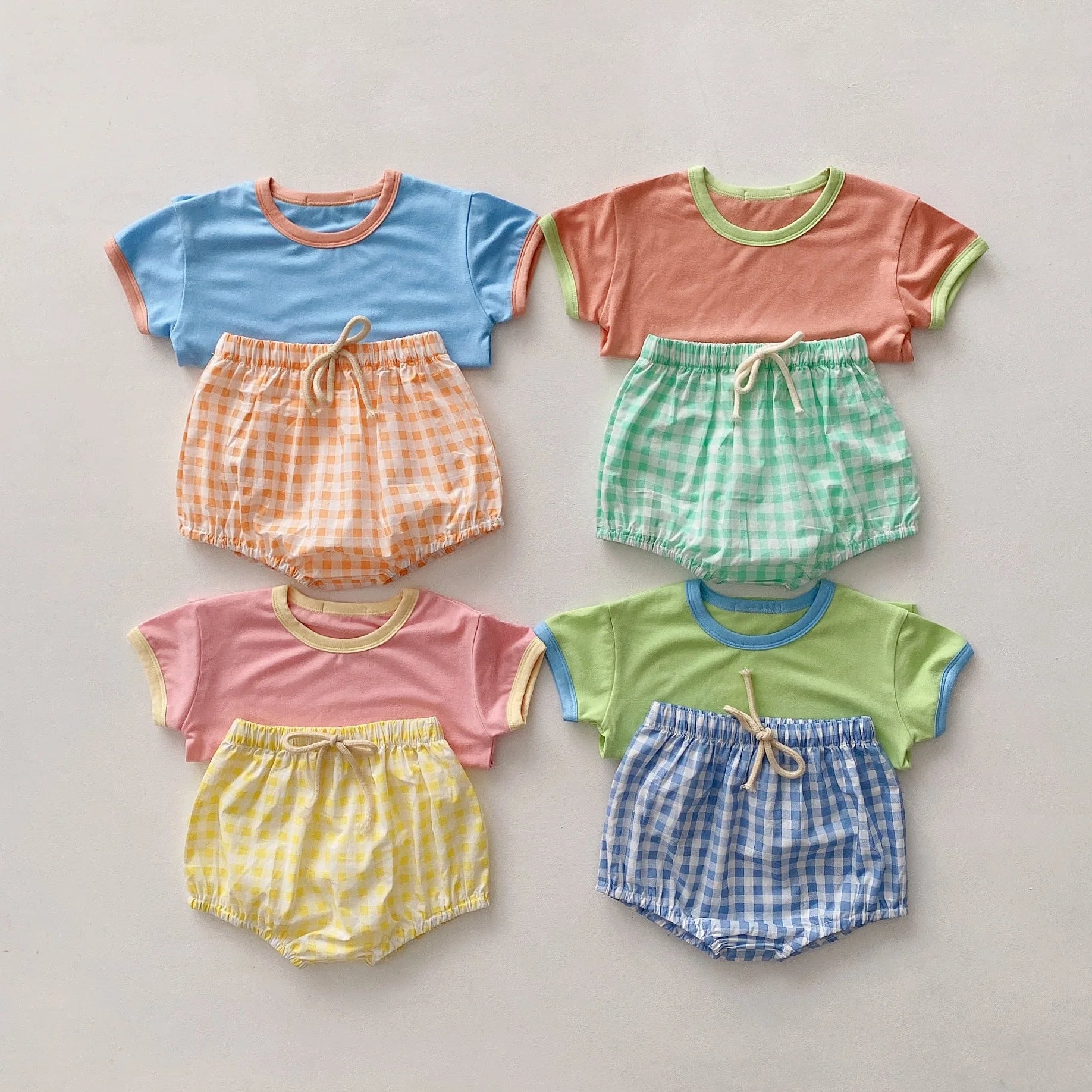 Colorful Tees & Plaid Short Set