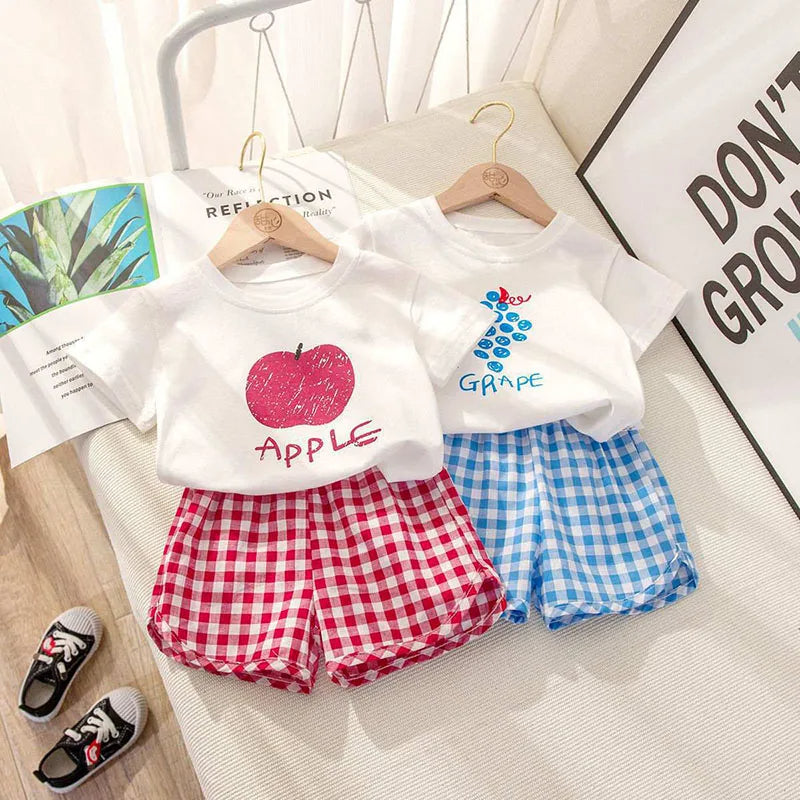 Cute Fruit Tees & Plaid Shorts Set