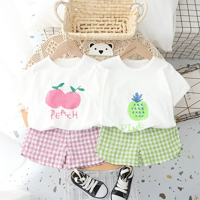 Cute Fruit Tees & Plaid Shorts Set