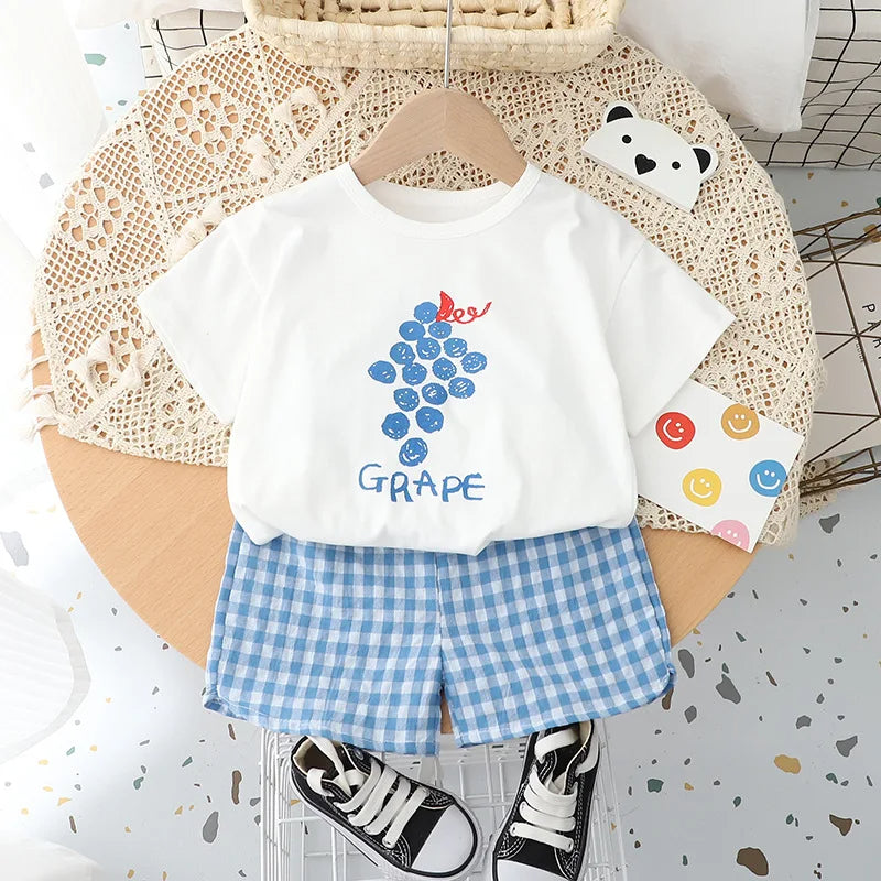 Cute Fruit Tees & Plaid Shorts Set