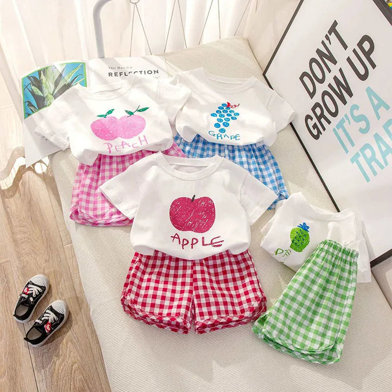 Cute Fruit Tees & Plaid Shorts Set