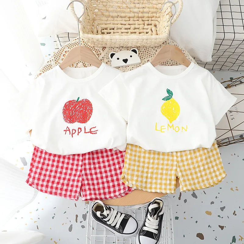 Cute Fruit Tees & Plaid Shorts Set