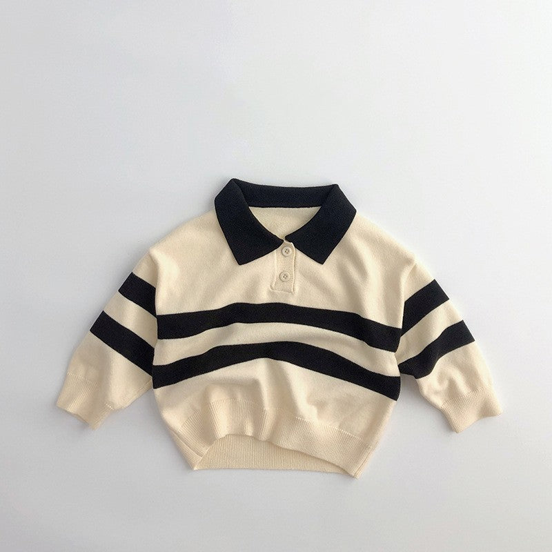 Striped Lapel Knitwear Casual Loose Western Style