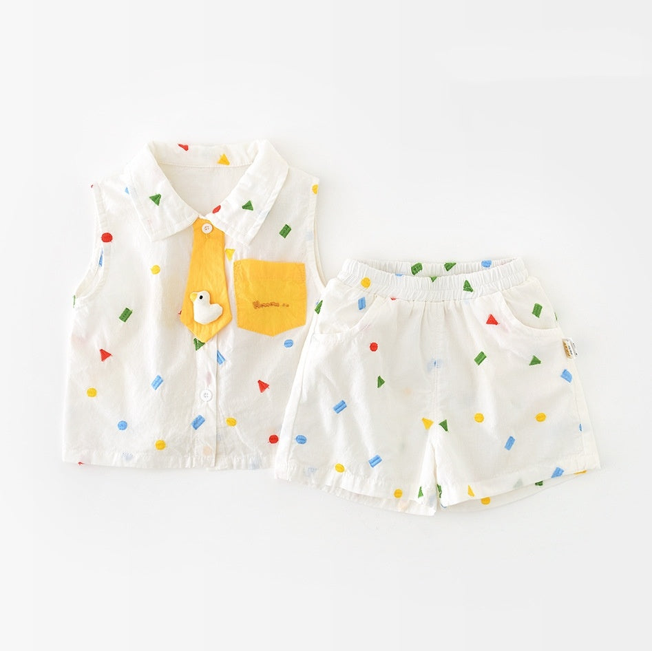 Summer Korean Style Full Embroidery Geometric Vest Suit
