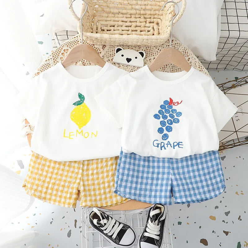 Cute Fruit Tees & Plaid Shorts Set