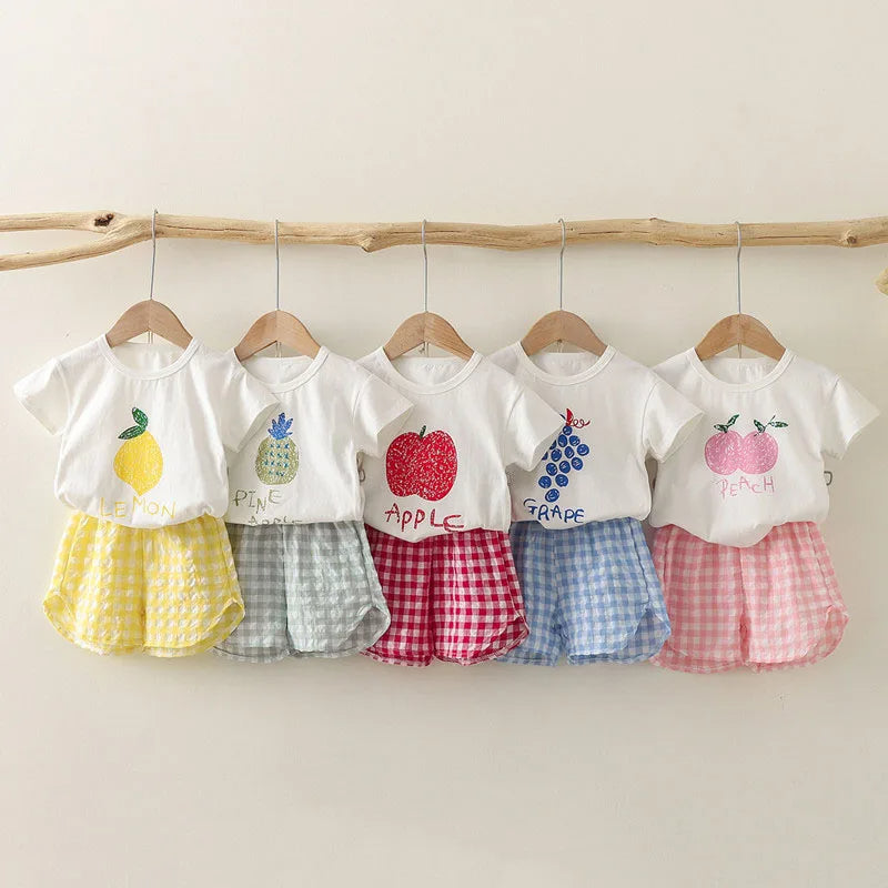 Cute Fruit Tees & Plaid Shorts Set