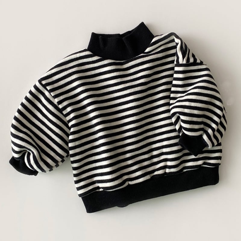 Black striped baby top with black ribbed collar and cuffs