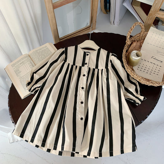 Cotton Multi-meter Girl's Black And White Striped Loose